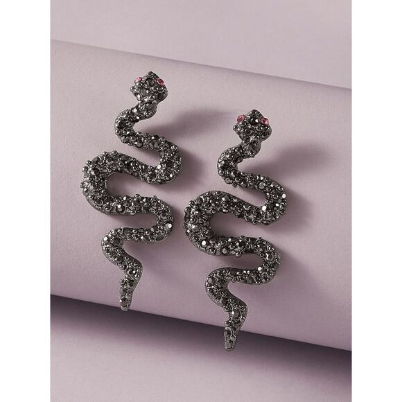 Black Diamond Crystal Red Eye Snake Earrings - Picture 3 of 4